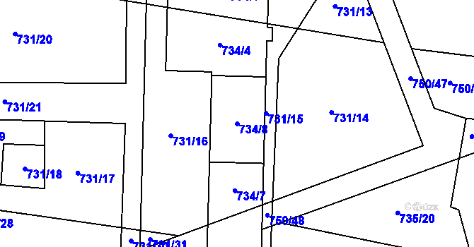 Parcela st. 734/8 v KÚ Bavory, Katastrální mapa