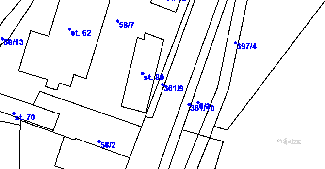Parcela st. 361/9 v KÚ Vodná u Bečova nad Teplou, Katastrální mapa
