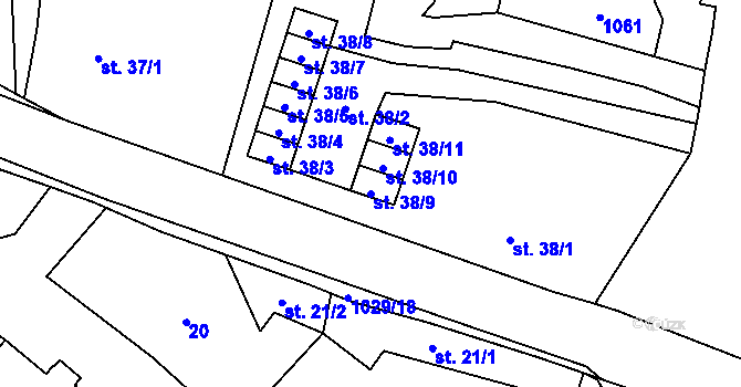 Parcela st. 38/9 v KÚ Bečváry, Katastrální mapa