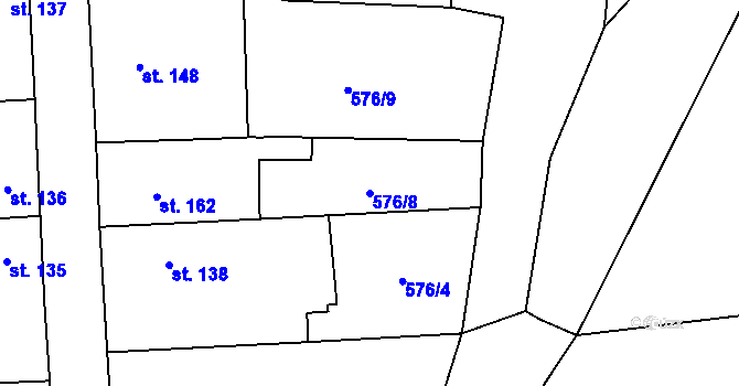 Parcela st. 576/8 v KÚ Bečváry, Katastrální mapa