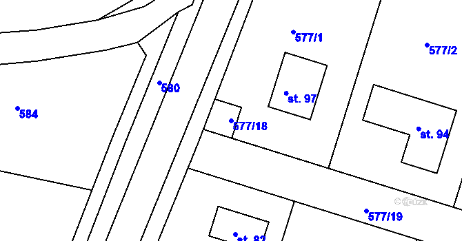 Parcela st. 577/18 v KÚ Poďousy, Katastrální mapa