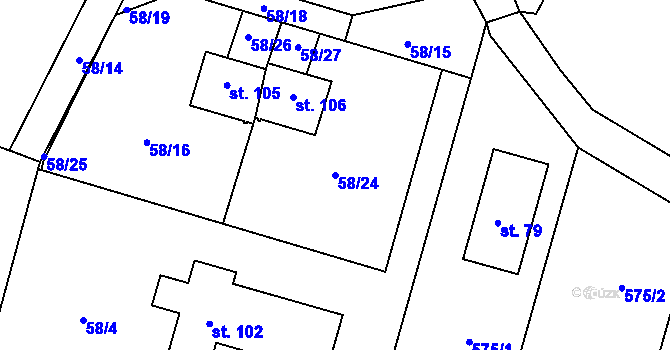 Parcela st. 58/24 v KÚ Poďousy, Katastrální mapa