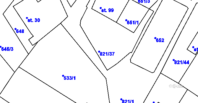 Parcela st. 821/37 v KÚ Bednáreček, Katastrální mapa
