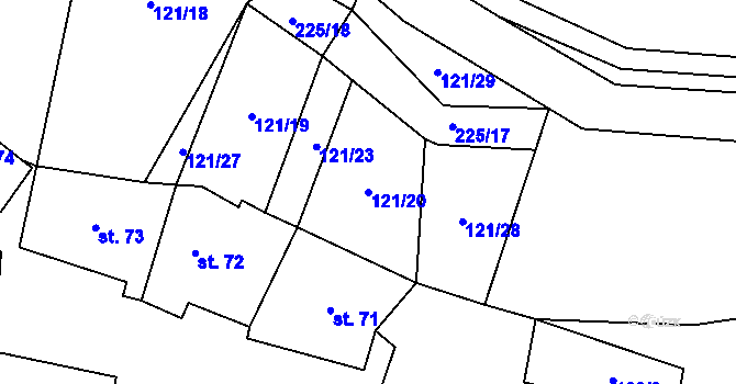 Parcela st. 121/20 v KÚ Běchary, Katastrální mapa