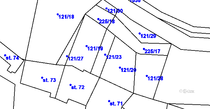 Parcela st. 121/23 v KÚ Běchary, Katastrální mapa
