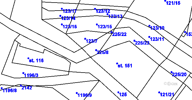 Parcela st. 225/8 v KÚ Běchary, Katastrální mapa
