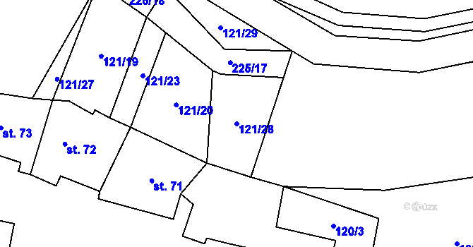 Parcela st. 121/28 v KÚ Běchary, Katastrální mapa
