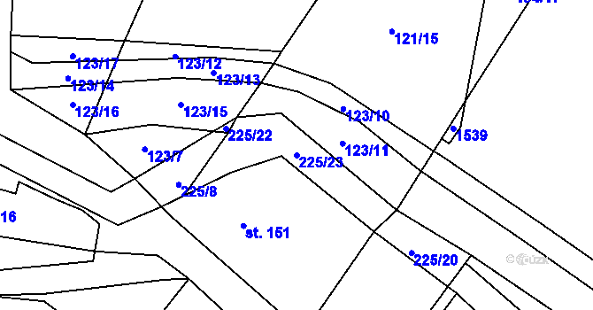 Parcela st. 225/23 v KÚ Běchary, Katastrální mapa