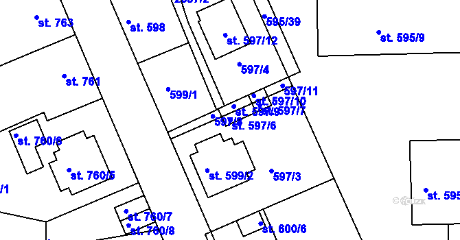 Parcela st. 597/6 v KÚ Bechyně, Katastrální mapa