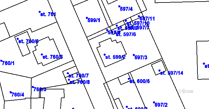 Parcela st. 599/2 v KÚ Bechyně, Katastrální mapa