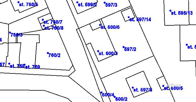 Parcela st. 600/3 v KÚ Bechyně, Katastrální mapa