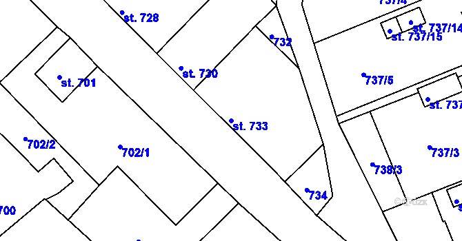 Parcela st. 733 v KÚ Bechyně, Katastrální mapa