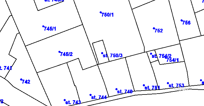 Parcela st. 750/3 v KÚ Bechyně, Katastrální mapa