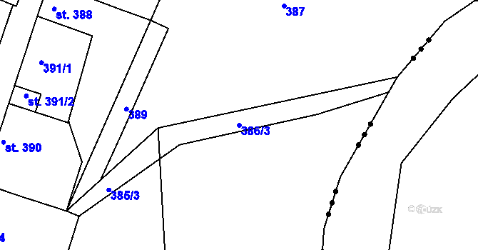 Parcela st. 386/3 v KÚ Bechyně, Katastrální mapa