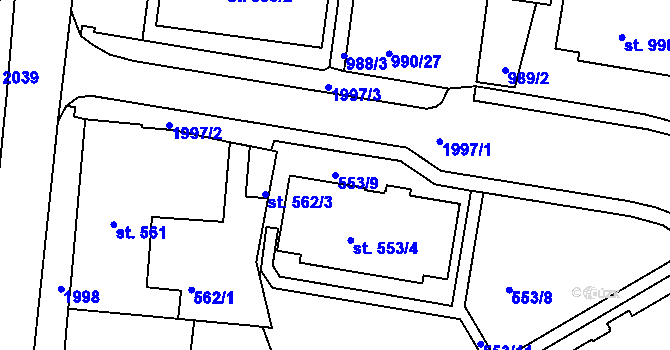 Parcela st. 553/9 v KÚ Bechyně, Katastrální mapa
