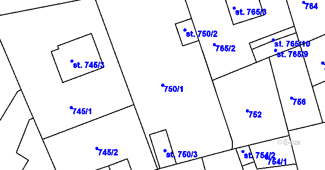 Parcela st. 750/1 v KÚ Bechyně, Katastrální mapa