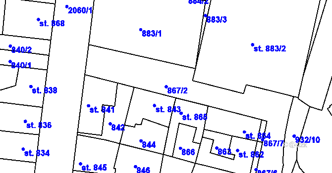 Parcela st. 867/2 v KÚ Bechyně, Katastrální mapa