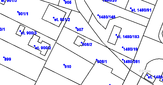 Parcela st. 908/2 v KÚ Bechyně, Katastrální mapa