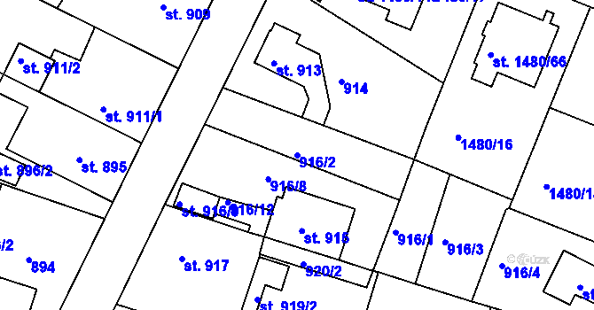 Parcela st. 916/2 v KÚ Bechyně, Katastrální mapa
