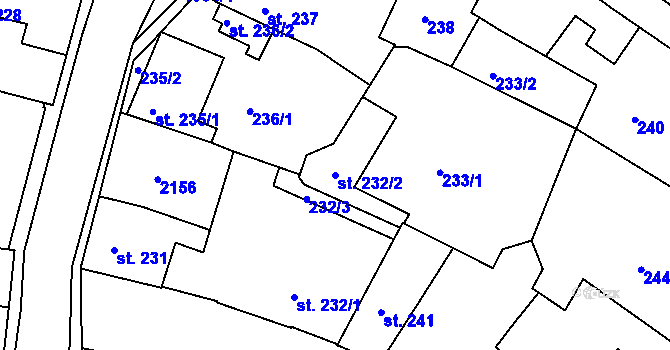 Parcela st. 232/2 v KÚ Bechyně, Katastrální mapa