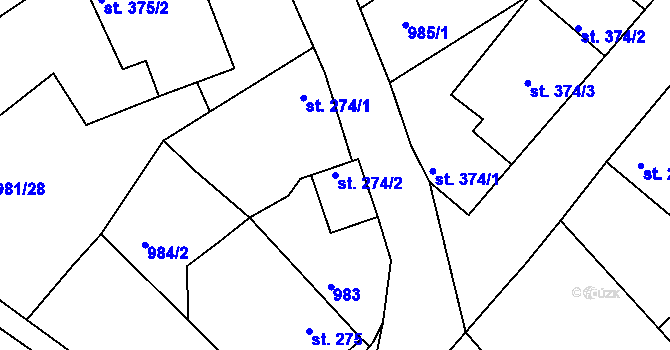 Parcela st. 274/2 v KÚ Bělušice, Katastrální mapa