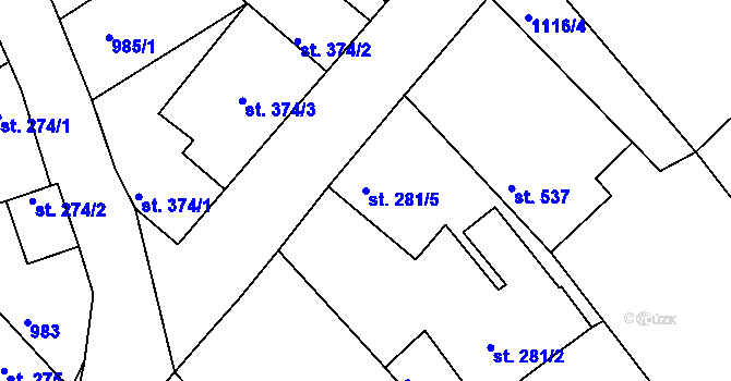 Parcela st. 281/5 v KÚ Bělušice, Katastrální mapa