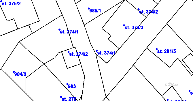 Parcela st. 374/1 v KÚ Bělušice, Katastrální mapa