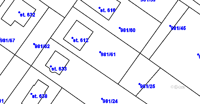 Parcela st. 981/61 v KÚ Bělušice, Katastrální mapa