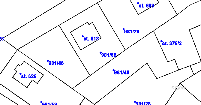 Parcela st. 981/66 v KÚ Bělušice, Katastrální mapa