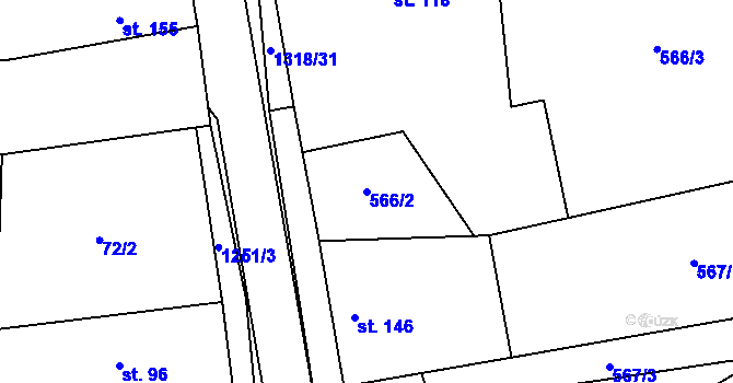 Parcela st. 566/2 v KÚ Benátecká Vrutice, Katastrální mapa