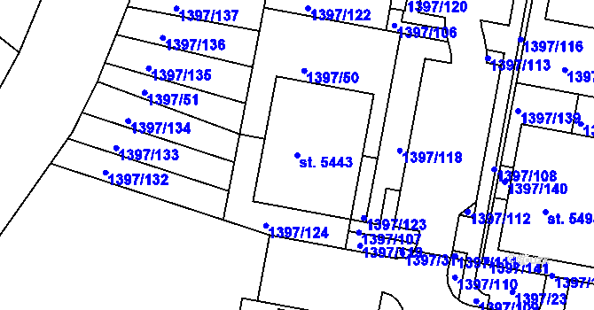 Parcela st. 5443 v KÚ Benátecká Vrutice, Katastrální mapa