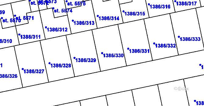 Parcela st. 1386/330 v KÚ Benátecká Vrutice, Katastrální mapa