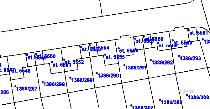 Parcela st. 5555 v KÚ Benátecká Vrutice, Katastrální mapa