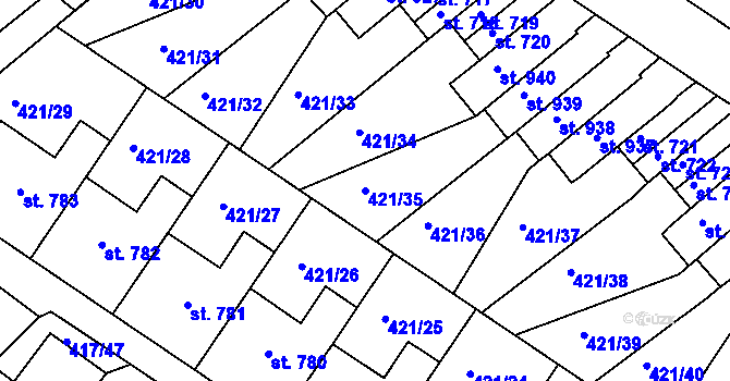 Parcela st. 421/35 v KÚ Nové Benátky, Katastrální mapa
