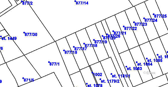 Parcela st. 877/18 v KÚ Staré Benátky, Katastrální mapa