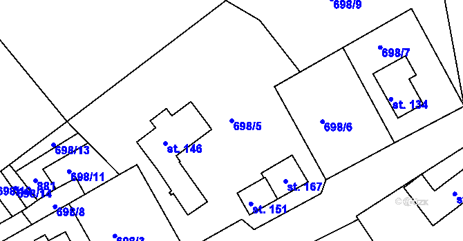 Parcela st. 698/5 v KÚ Hartunkov, Katastrální mapa