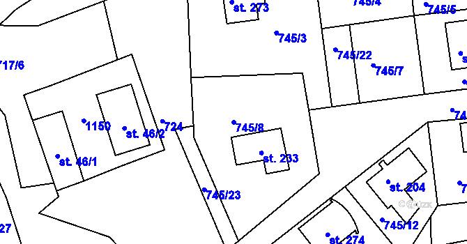 Parcela st. 745/8 v KÚ Klení, Katastrální mapa