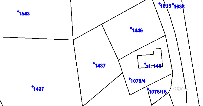 Parcela st. 1075/1 v KÚ Kuří, Katastrální mapa