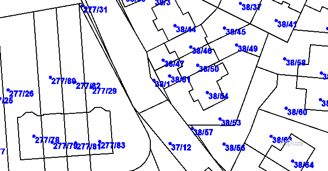Parcela st. 38/52 v KÚ Benice, Katastrální mapa