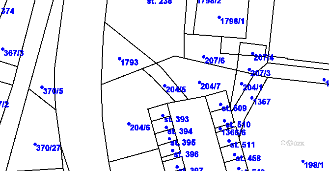 Parcela st. 204/5 v KÚ Bernartice, Katastrální mapa