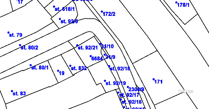Parcela st. 21/9 v KÚ Beroun, Katastrální mapa
