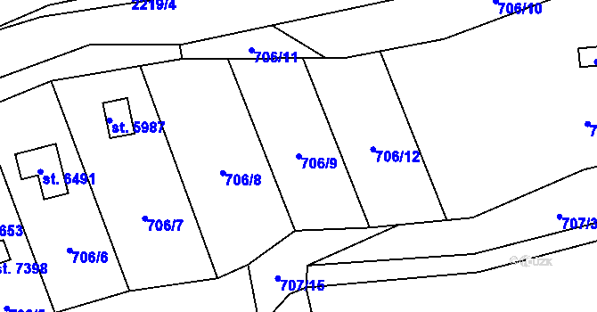 Parcela st. 706/9 v KÚ Beroun, Katastrální mapa
