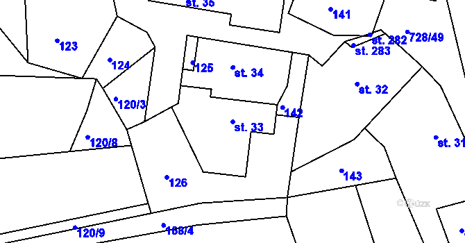 Parcela st. 33 v KÚ Běstovice, Katastrální mapa