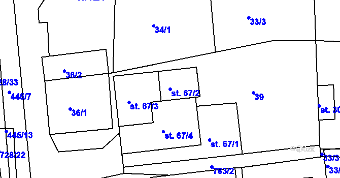 Parcela st. 67/2 v KÚ Běstovice, Katastrální mapa
