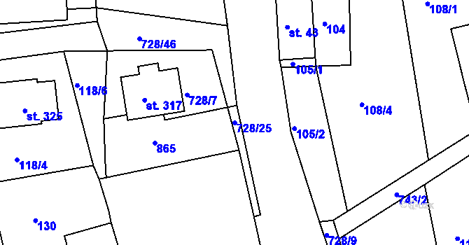 Parcela st. 728/25 v KÚ Běstovice, Katastrální mapa