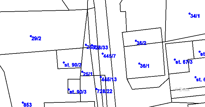 Parcela st. 445/7 v KÚ Běstovice, Katastrální mapa