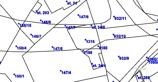 Parcela st. 34/3 v KÚ Běšiny, Katastrální mapa