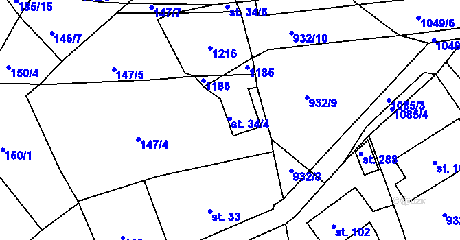 Parcela st. 34/4 v KÚ Běšiny, Katastrální mapa