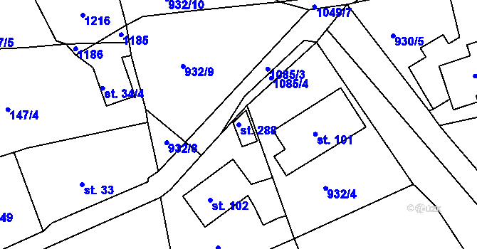 Parcela st. 288 v KÚ Běšiny, Katastrální mapa