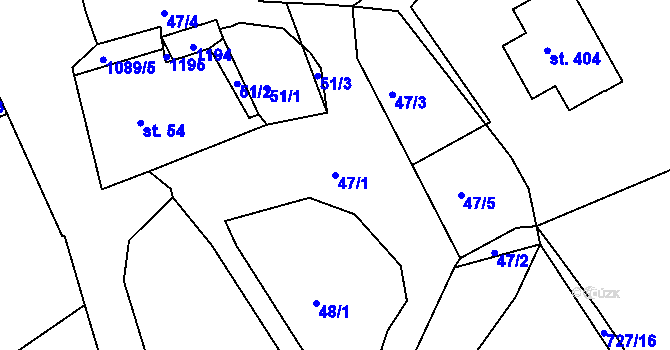 Parcela st. 47/1 v KÚ Běšiny, Katastrální mapa